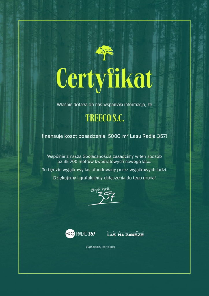 Certyfikat finansowania posadzenia lasu przez Treeco